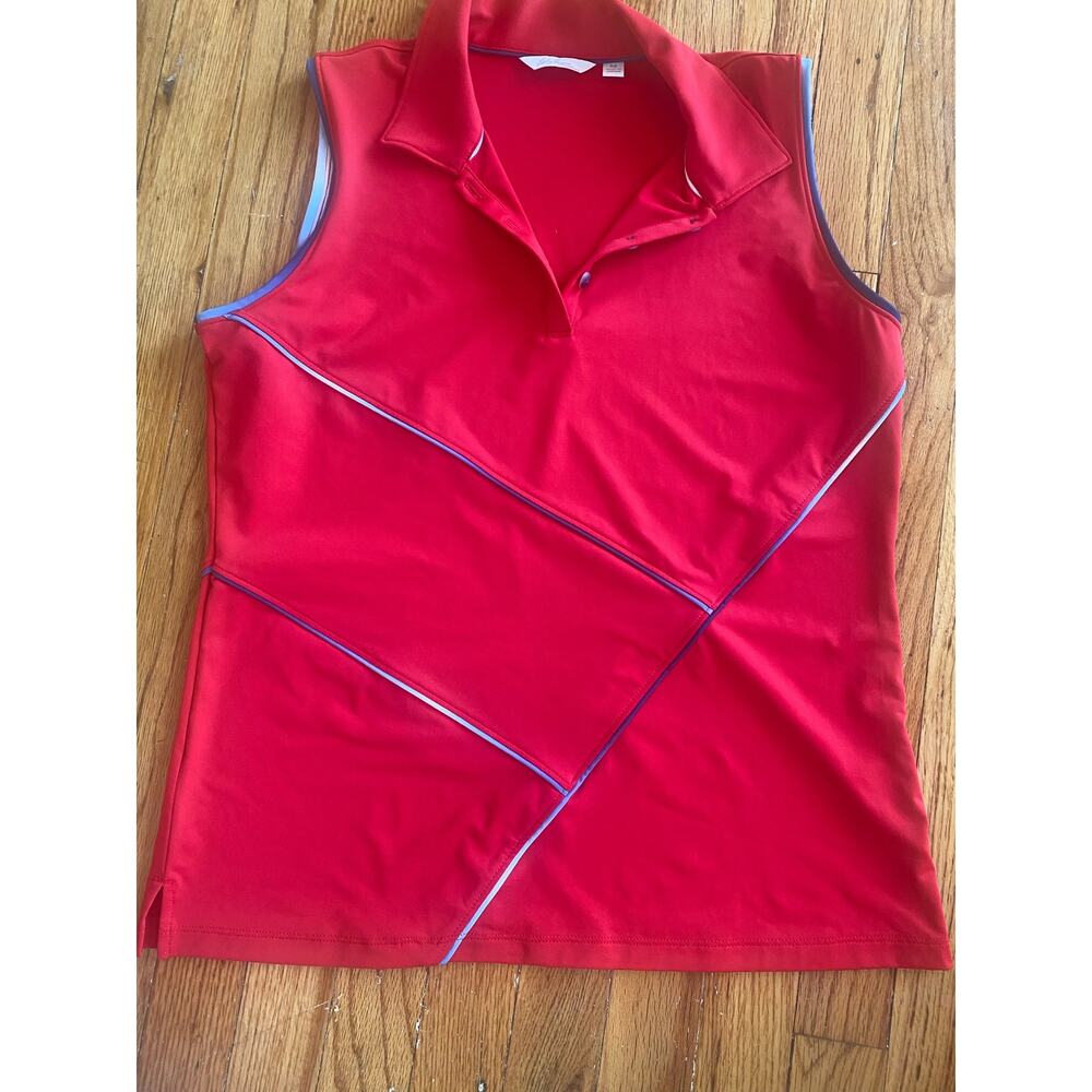 Lady Hagen essentials sleeveless golf polo red with blue ombré piping womens M